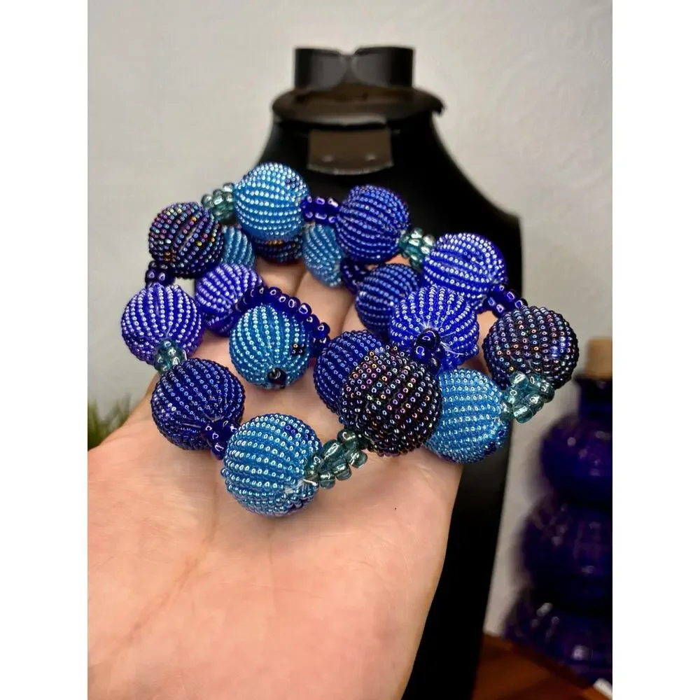 Vintage handmade Blue Bead Necklace Boho Southwestern Statement Loop Closure 18”